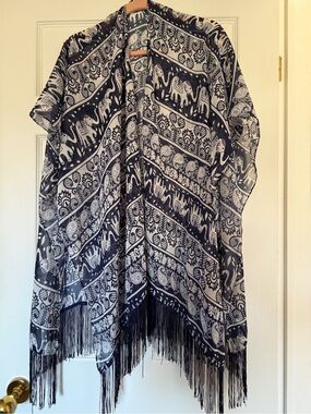 Black & White Elephant Print Fringe Kimono Swim Coverup